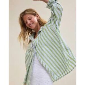 Aerie Good Day Oversized Button-Up Shirt Medium Green‎ White Striped Cotton